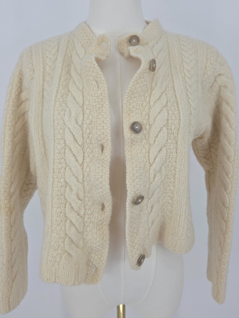 Paul James England 100% Wool Cable Knit Cardigan Sweater Cream Cropped S - Picture 5 of 10